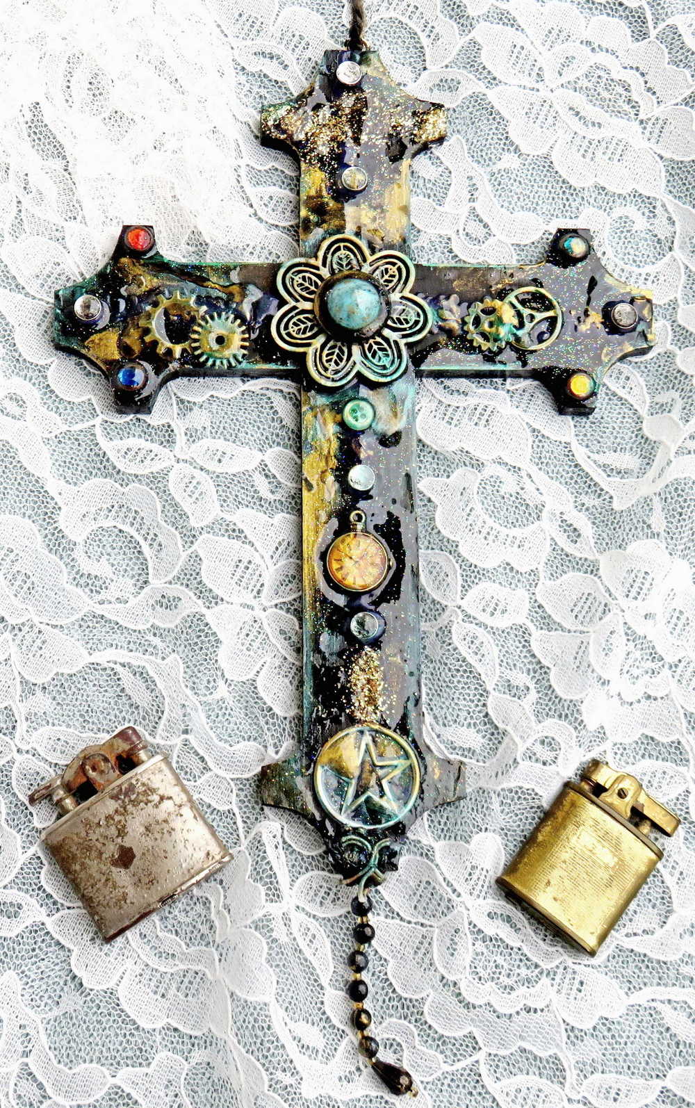 Altered Wood Goth Cross with Blue Stone and Gems