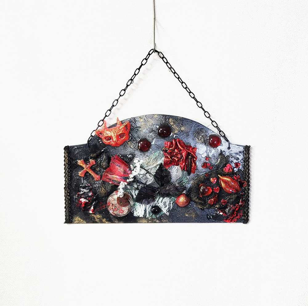 Devil Cat and Cross Resin Wall Hanger in Rich Burgundy, Black and Red