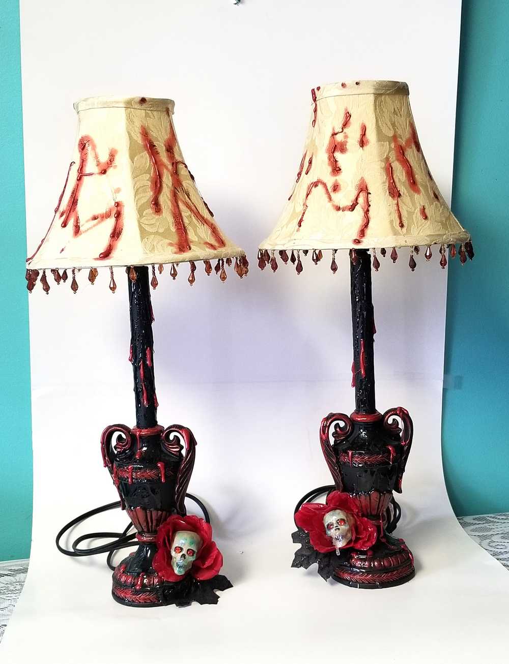 2 Lamps with Fake Blood Splattered on Lamp Shade, Skull Head in a Red Rose