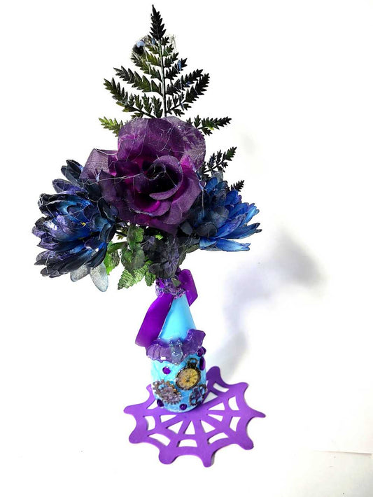 Teal Glass Vase with Skull, Purple Rose and Gears