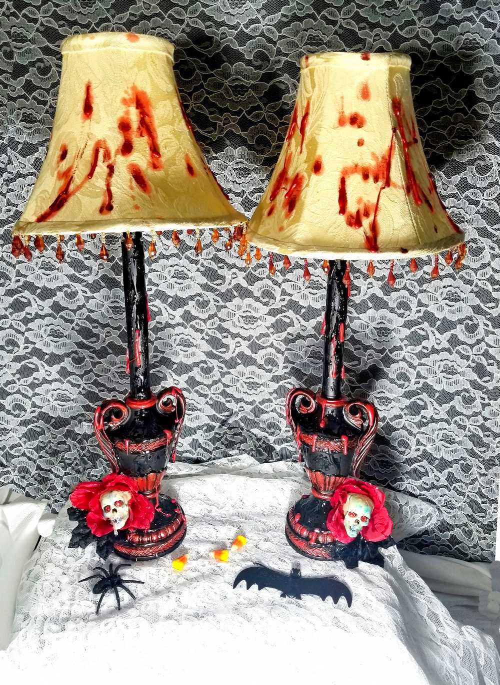 2 Lamps with Fake Blood Splattered on Lamp Shade, Skull Head in a Red Rose