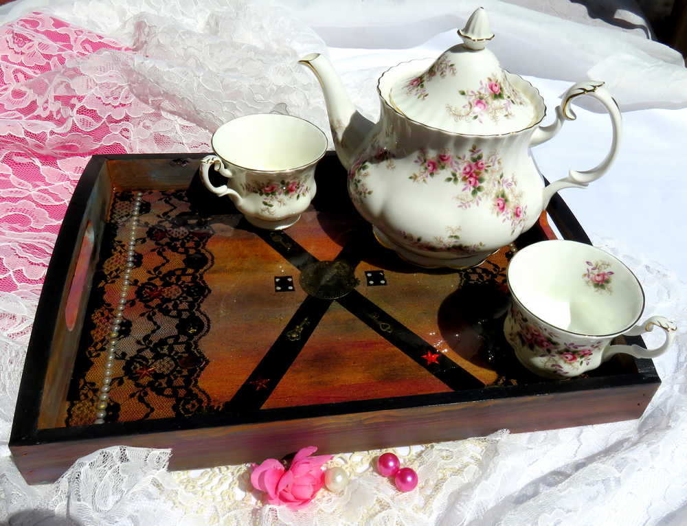 Steampunk /Goth Serving Tray with Gears, Black Lace and Ribbon