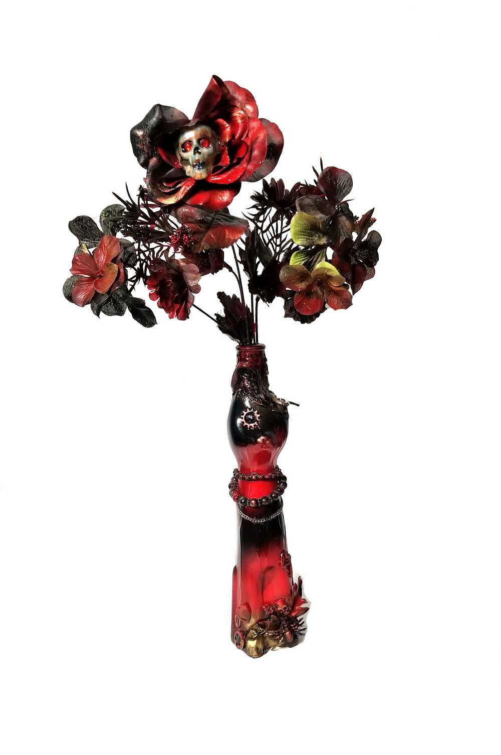 Glass Cat Vase, Red and Black Flowers with Skull and Snake