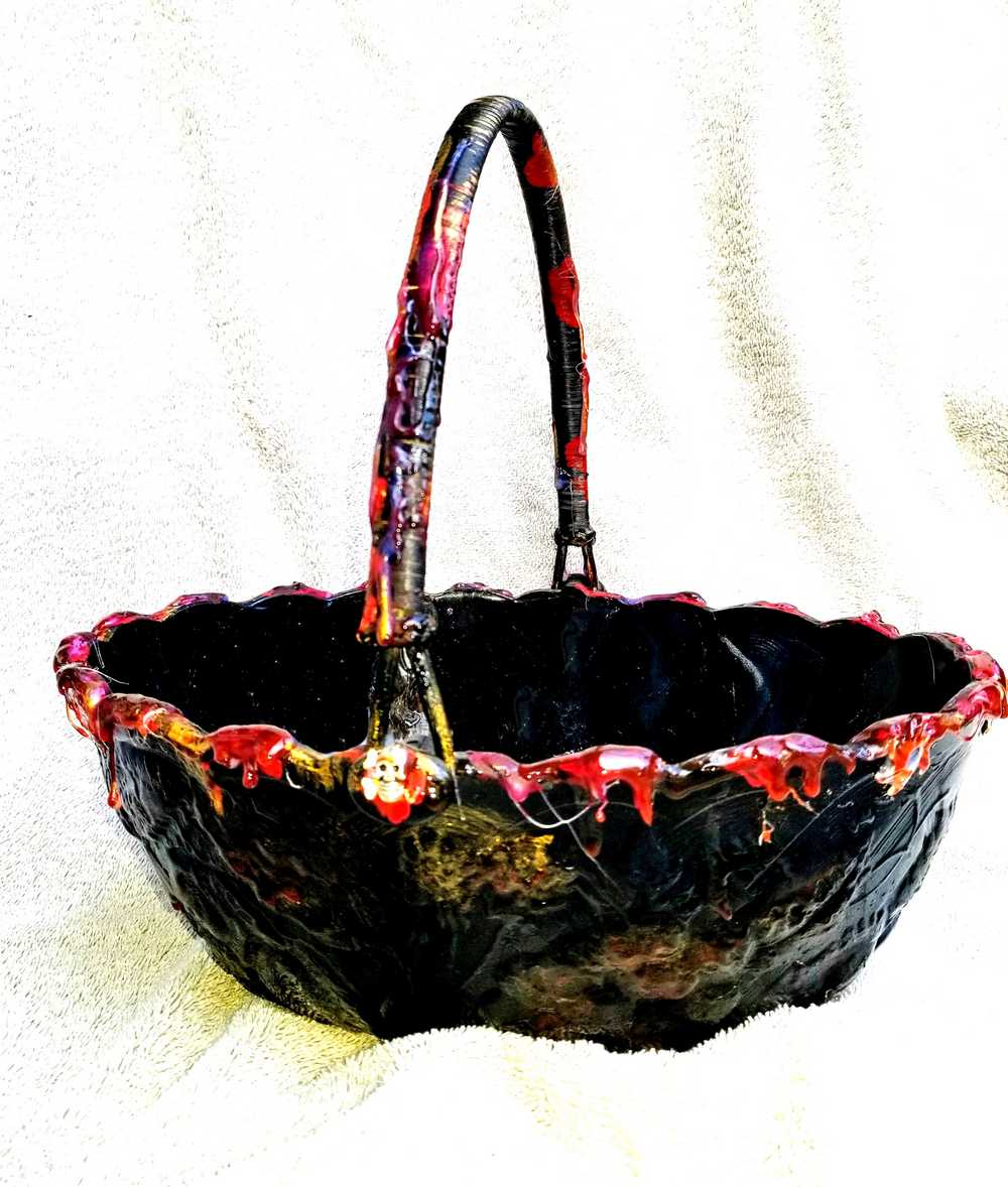 Goth, Altered Vintage Glass Fruit Bowl With Handle and Skull Charms