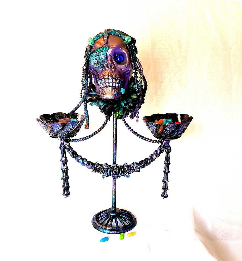 Purple Skull on Decorative Stand with Two Glass Candy Dishes