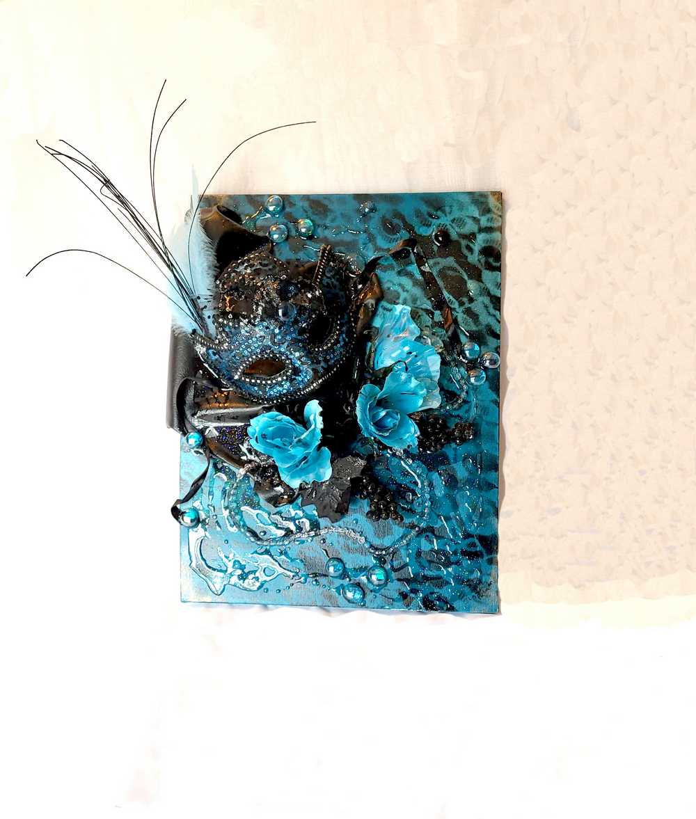 3D Canvas Art with Sexy Teal Blue Mask and Teal Blue Roses, 30 x 40 x 15 cm