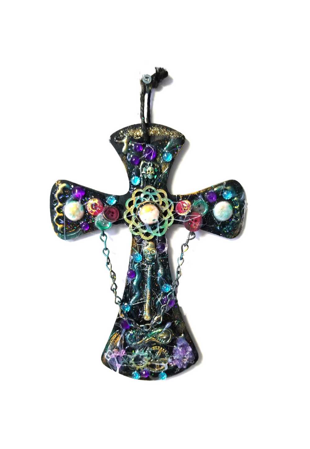 Wooden Cross with Chains, Buttons, Rhinestones, Gears and Skulls