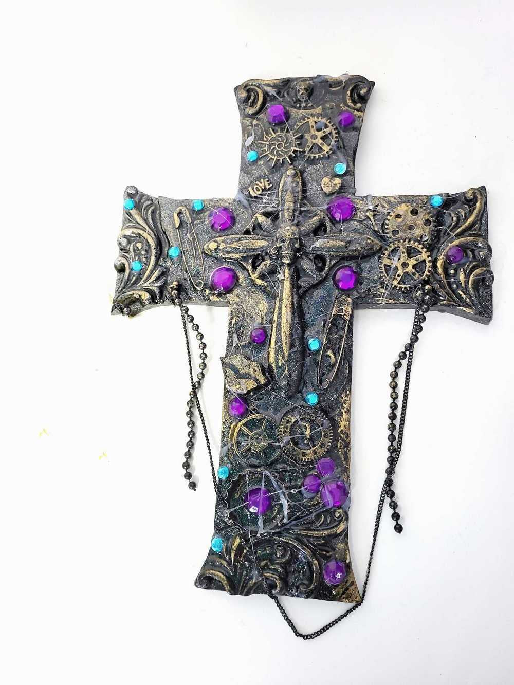 Black Cross With Skulls and Gears in Purple and Teal Rhinestones