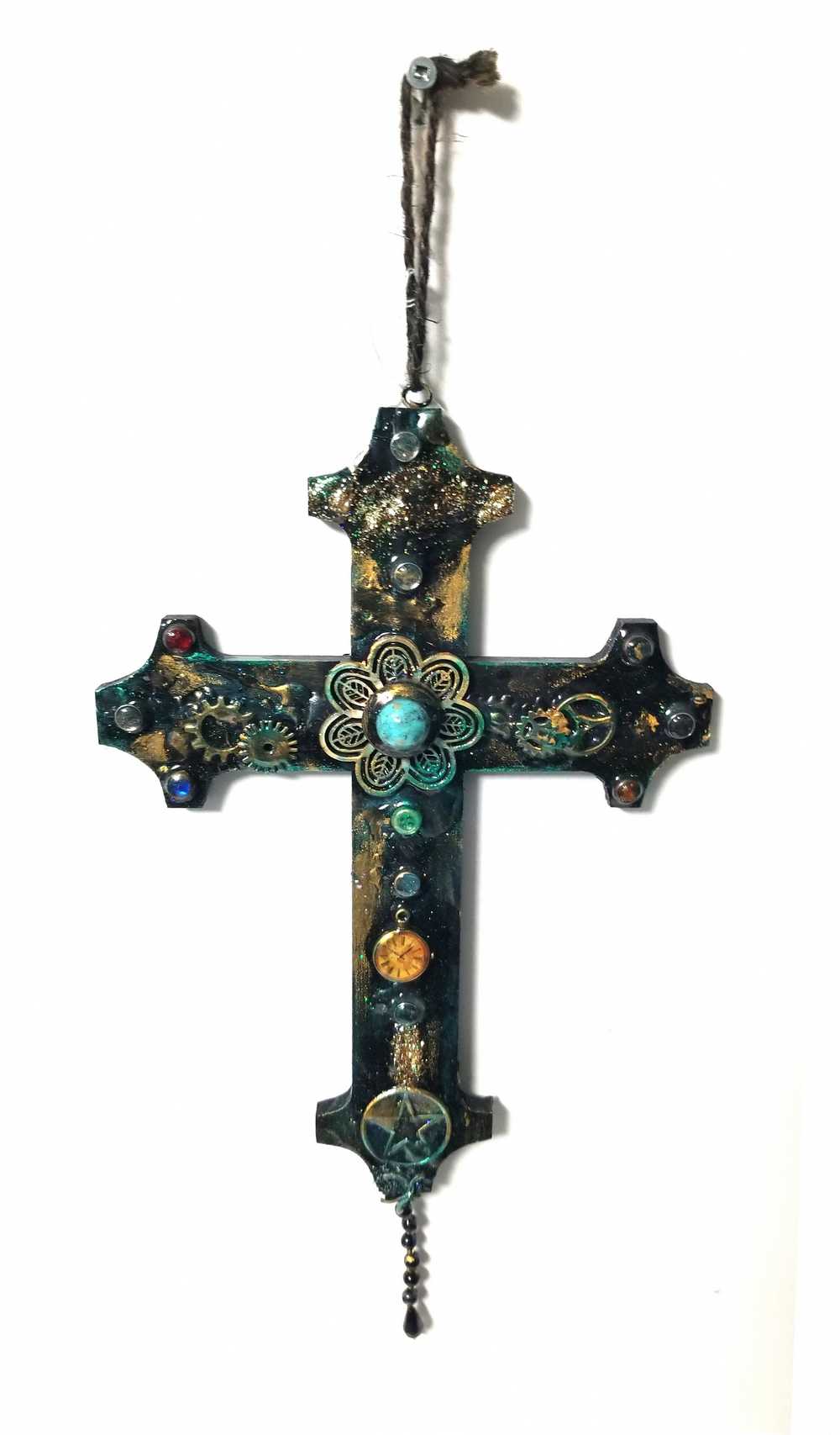 Altered Wood Goth Cross with Blue Stone and Gems