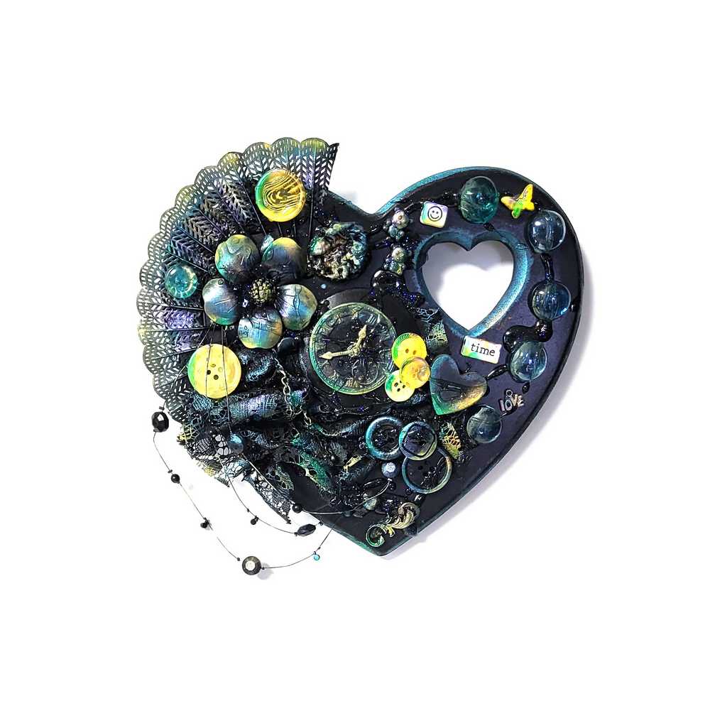 Wall Decor Wooden Heart Plaque with Teal, Yellow and Black, Punk Design