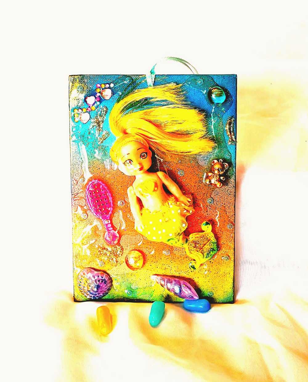 18L x 13W cm Canvas with Blond Mermaid Doll, Wall Hanger for Child's Room