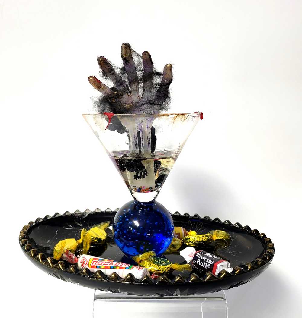 Creepy, Ghostly, Candy Dish, with Skeleton Hand in Resin, Blue Glass