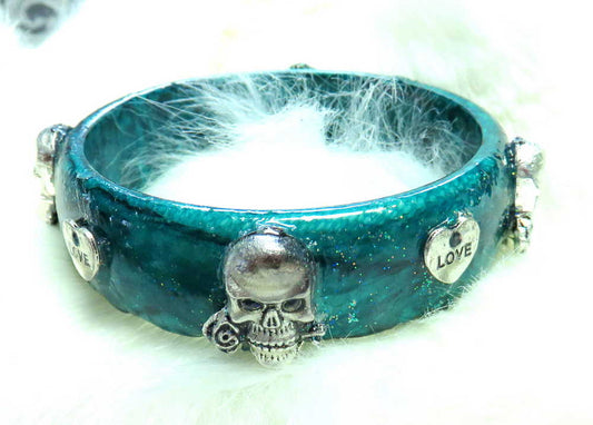 Dark Teal Bangle with Skulls and Hearts