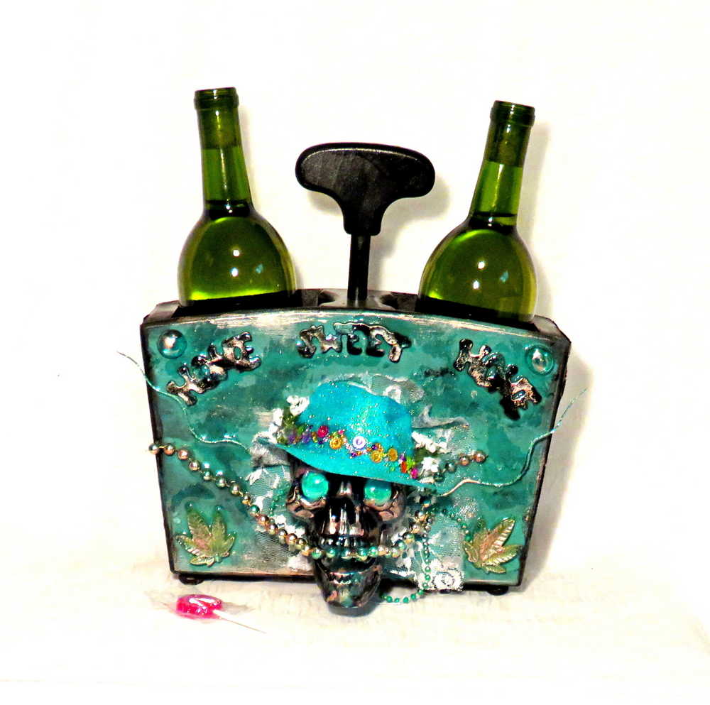 Double Wooden Wine Box, Carrier, Holds 2-750ml Bottles, Has a Skull Wearing a Cowboy Hat