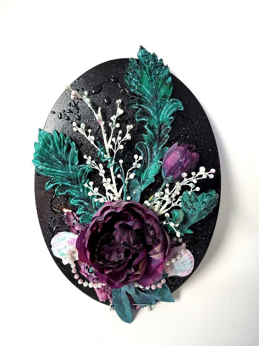 Black Oval Canvas 3D Art with Deep Purple Flowers and Shells