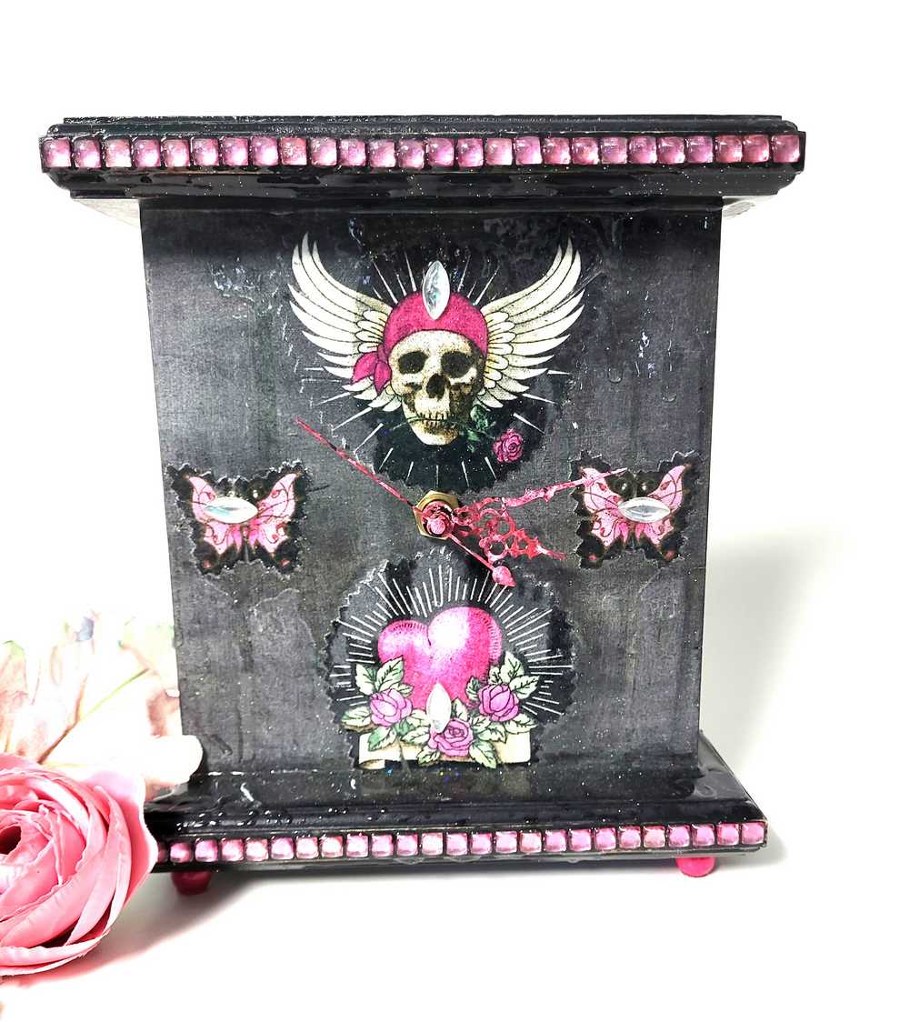 Black and Pink Mantel Clock with Fabric Skull with Wings