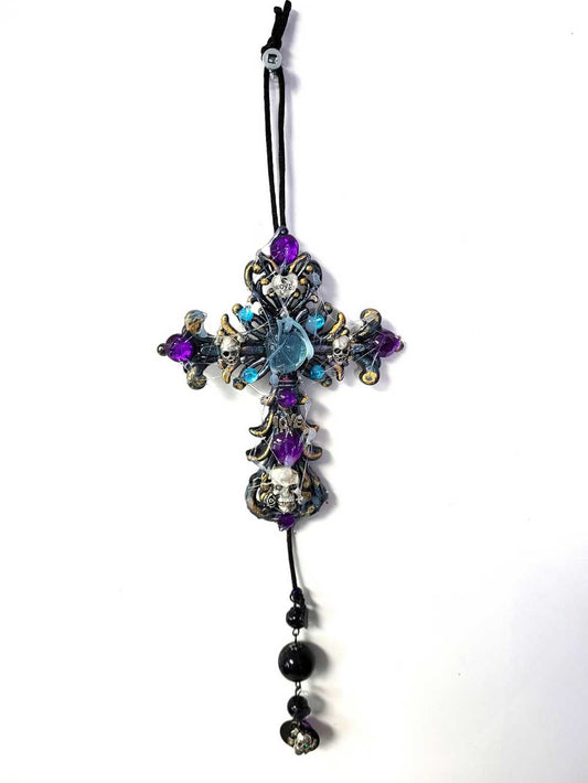 Plastic Cross and Skull Ornament with Teal and Purple Rhinestones