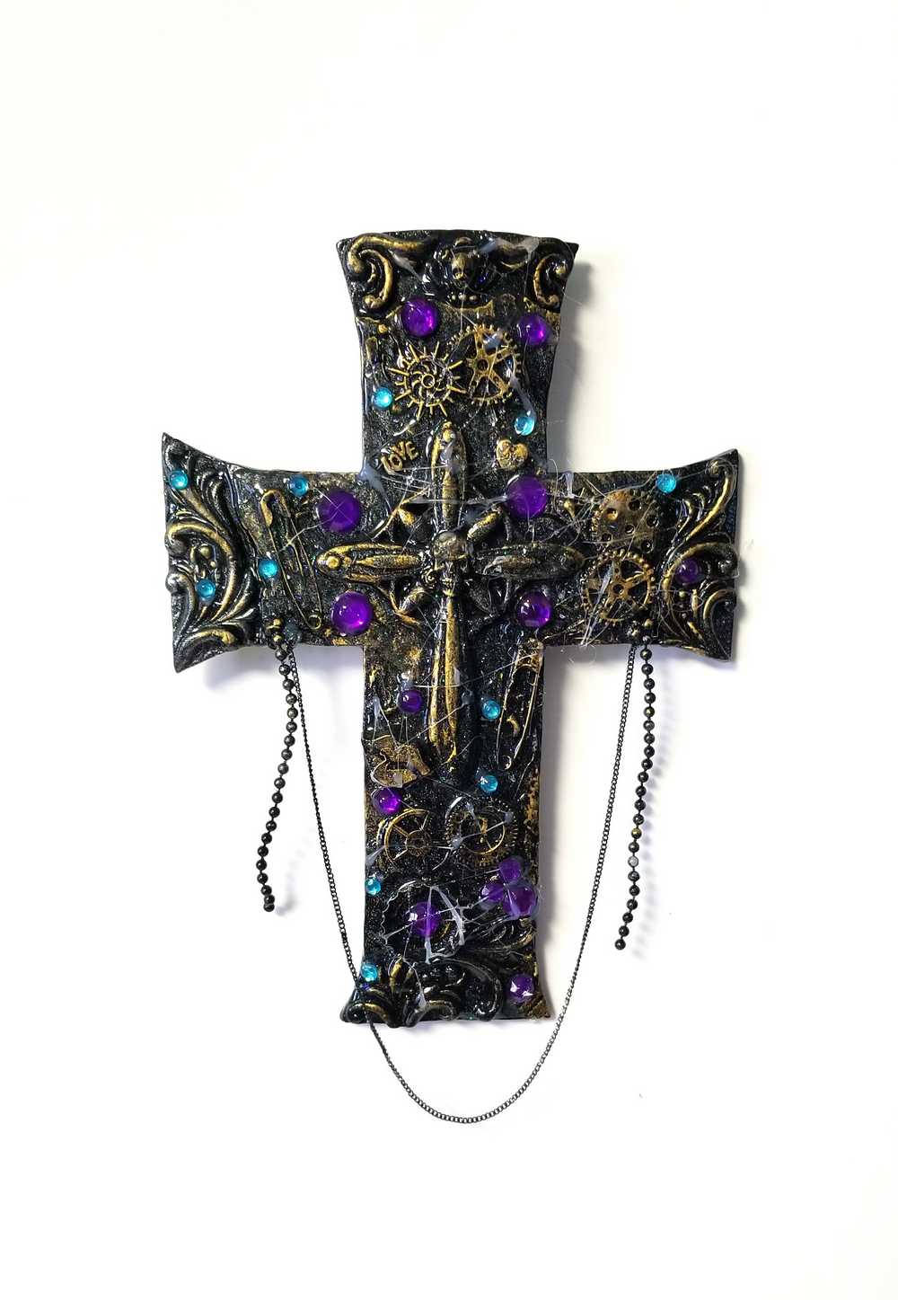 Black Cross With Skulls and Gears in Purple and Teal Rhinestones