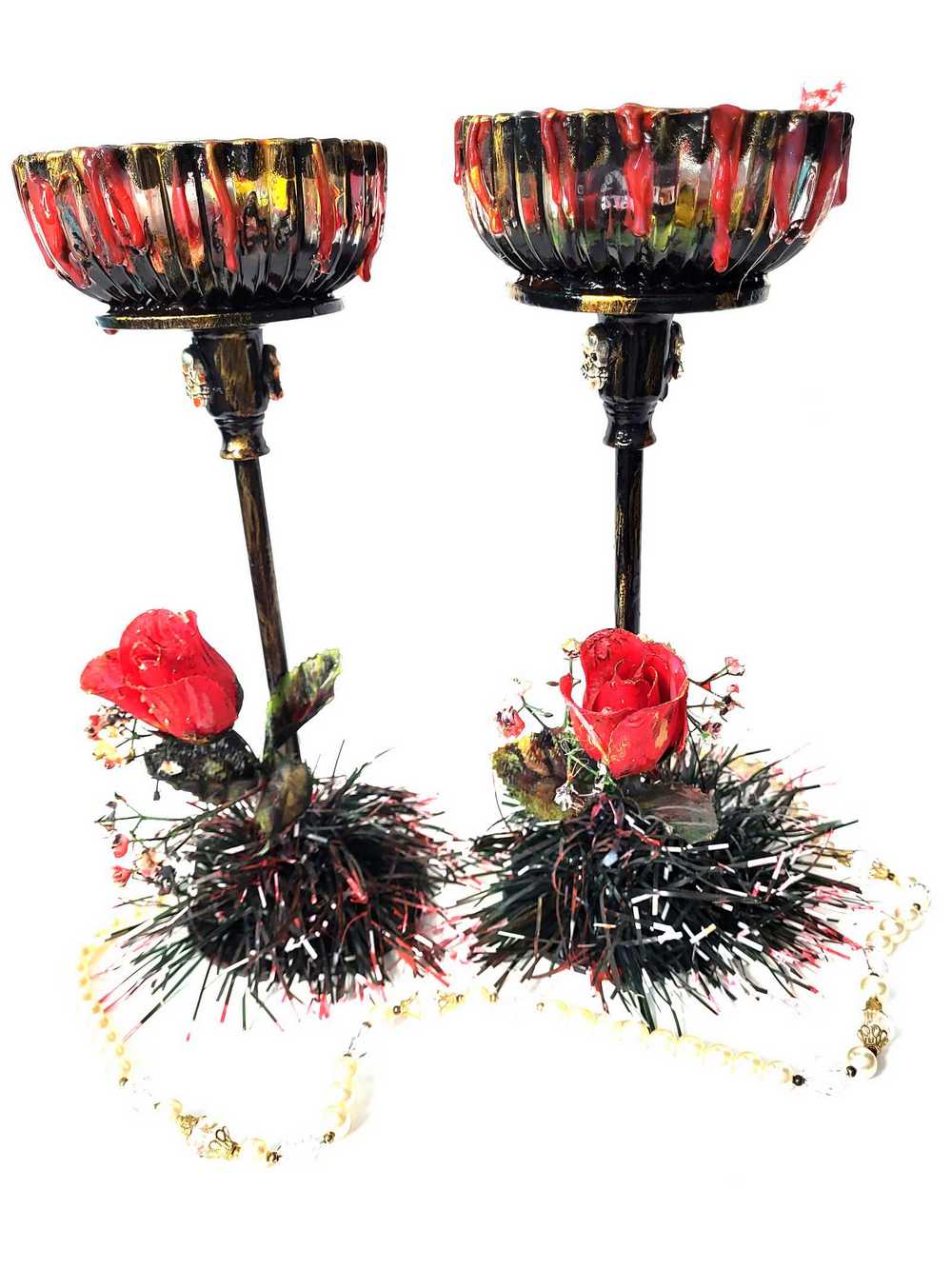 Tall Glass Candy Dishes with Red Roses and Babies Breath