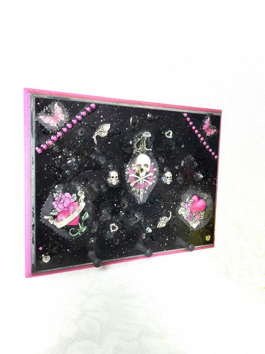 Black Goth Wall Plaque with a Skull with a Sword, Glass and Pink Butterflies