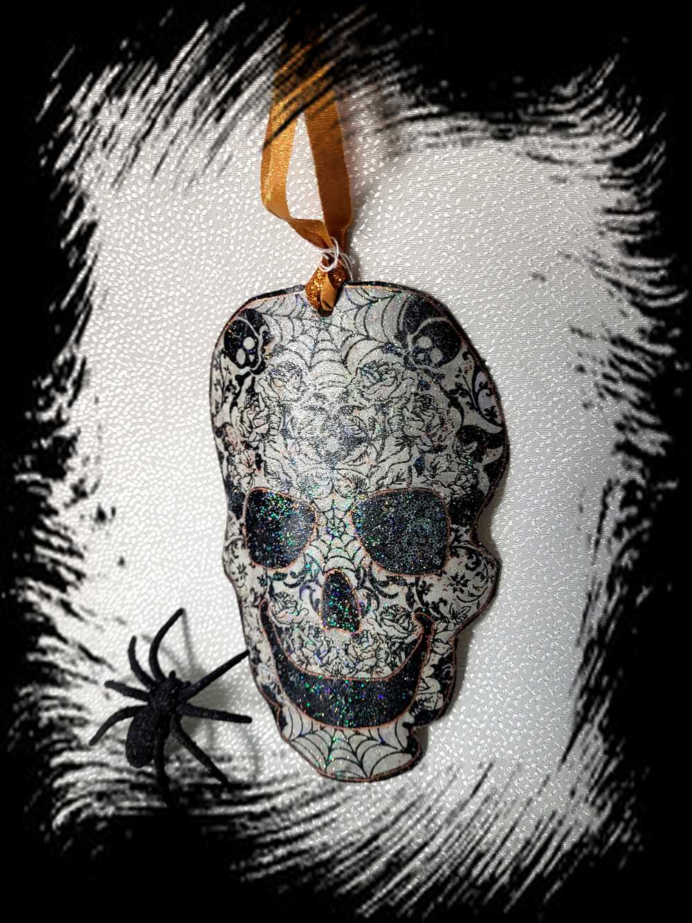 Ornament, Fabric Cut Out of a Skull with Spider Webs