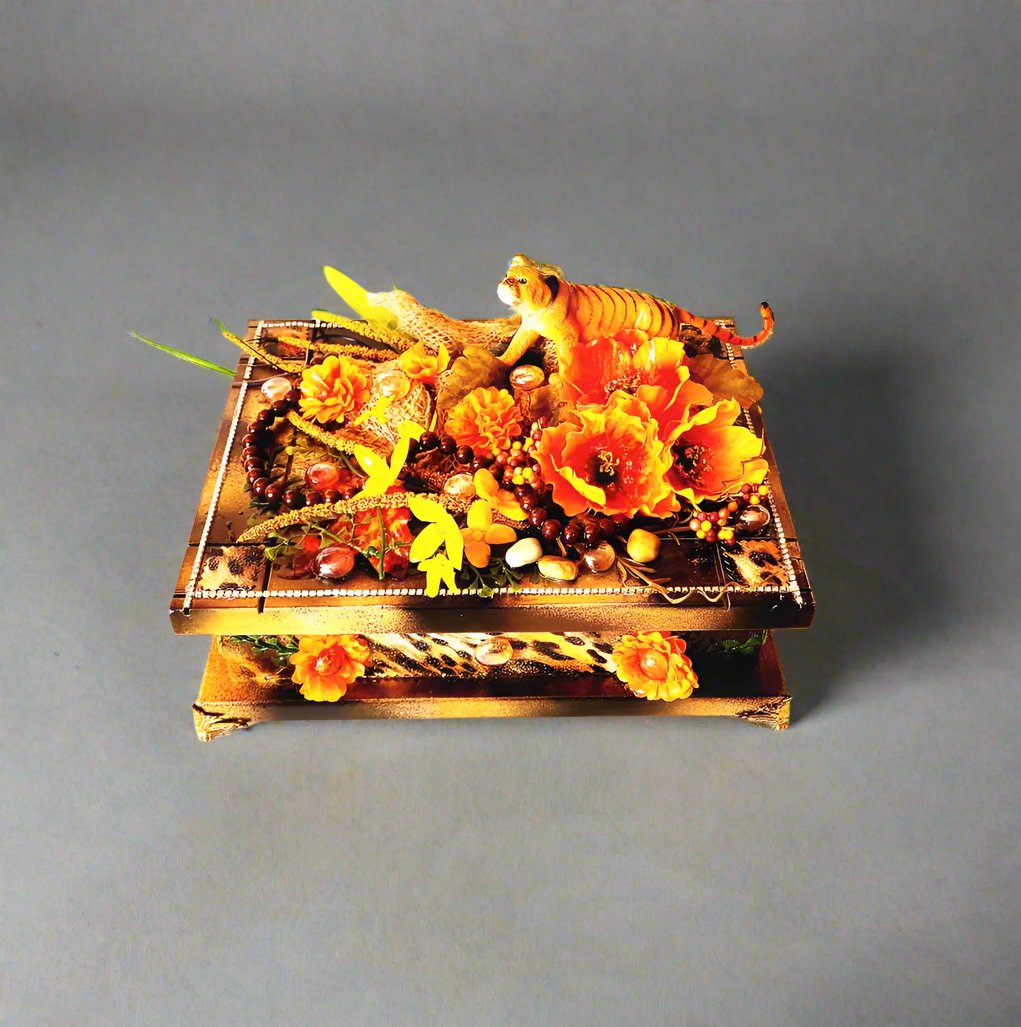 Jewelry Box with Orange & Yellow Flowers and a Tiger, Safari Themed