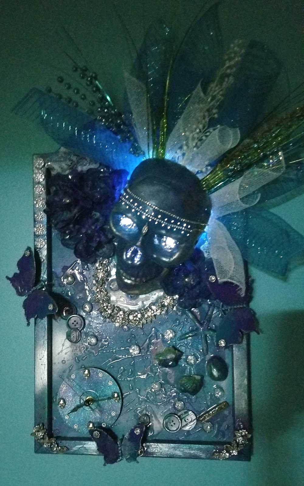 Large Teal Wood Clock with Skull and all Her Jewels, with Lights