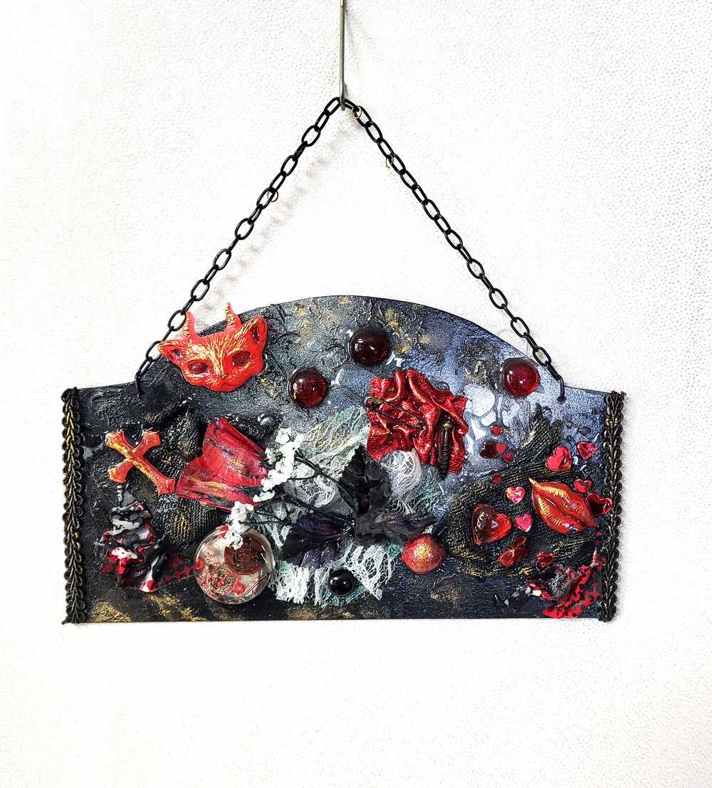 Devil Cat and Cross Resin Wall Hanger in Rich Burgundy, Black and Red