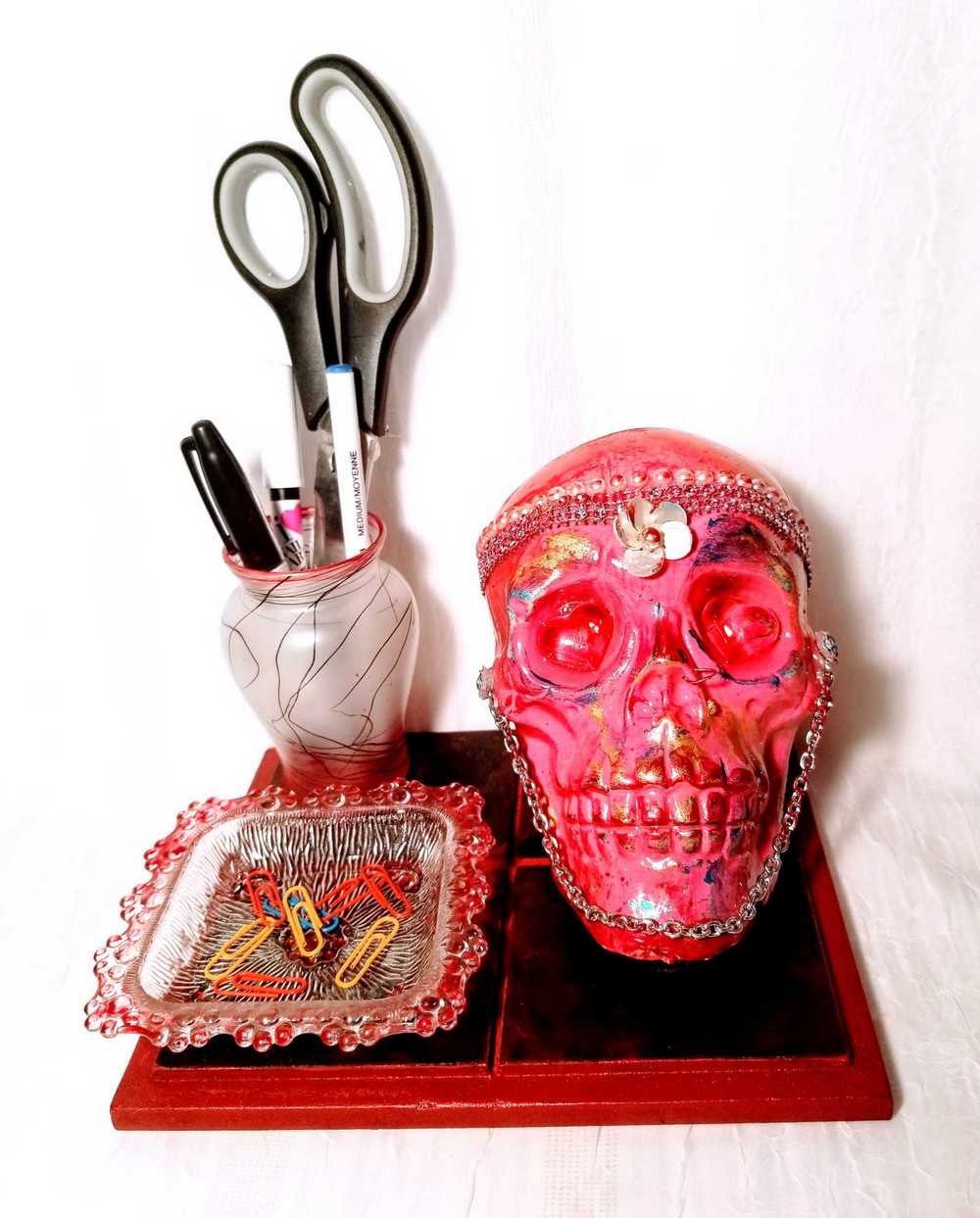 Red Skull and Roses in Resin in a Vintage Candy Dish