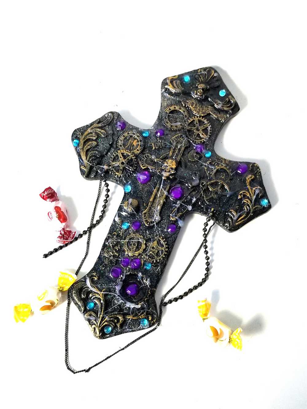 Altered Cross Made of Plaster with Skulls, Gears and Chains