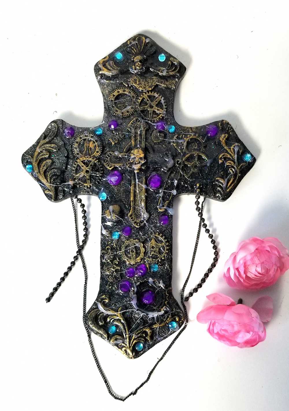 Altered Cross Made of Plaster with Skulls, Gears and Chains