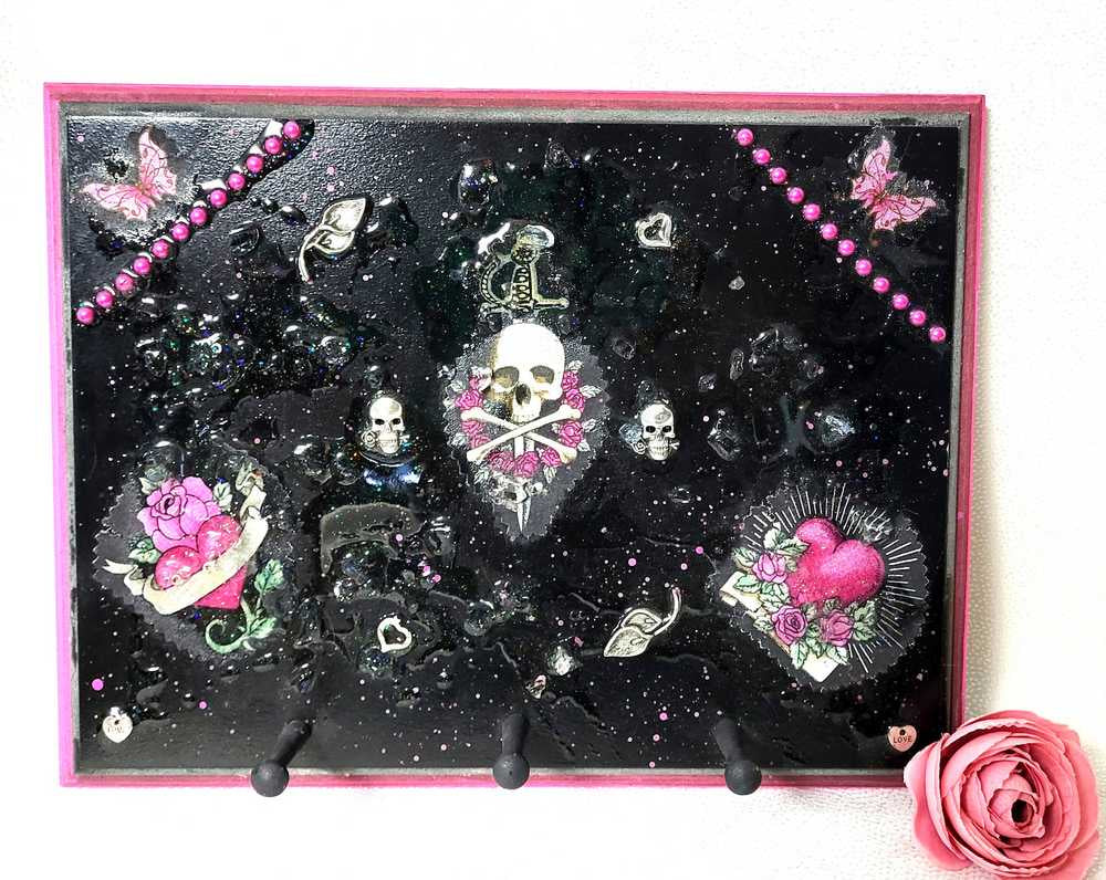 Black Goth Wall Plaque with a Skull with a Sword, Glass and Pink Butterflies