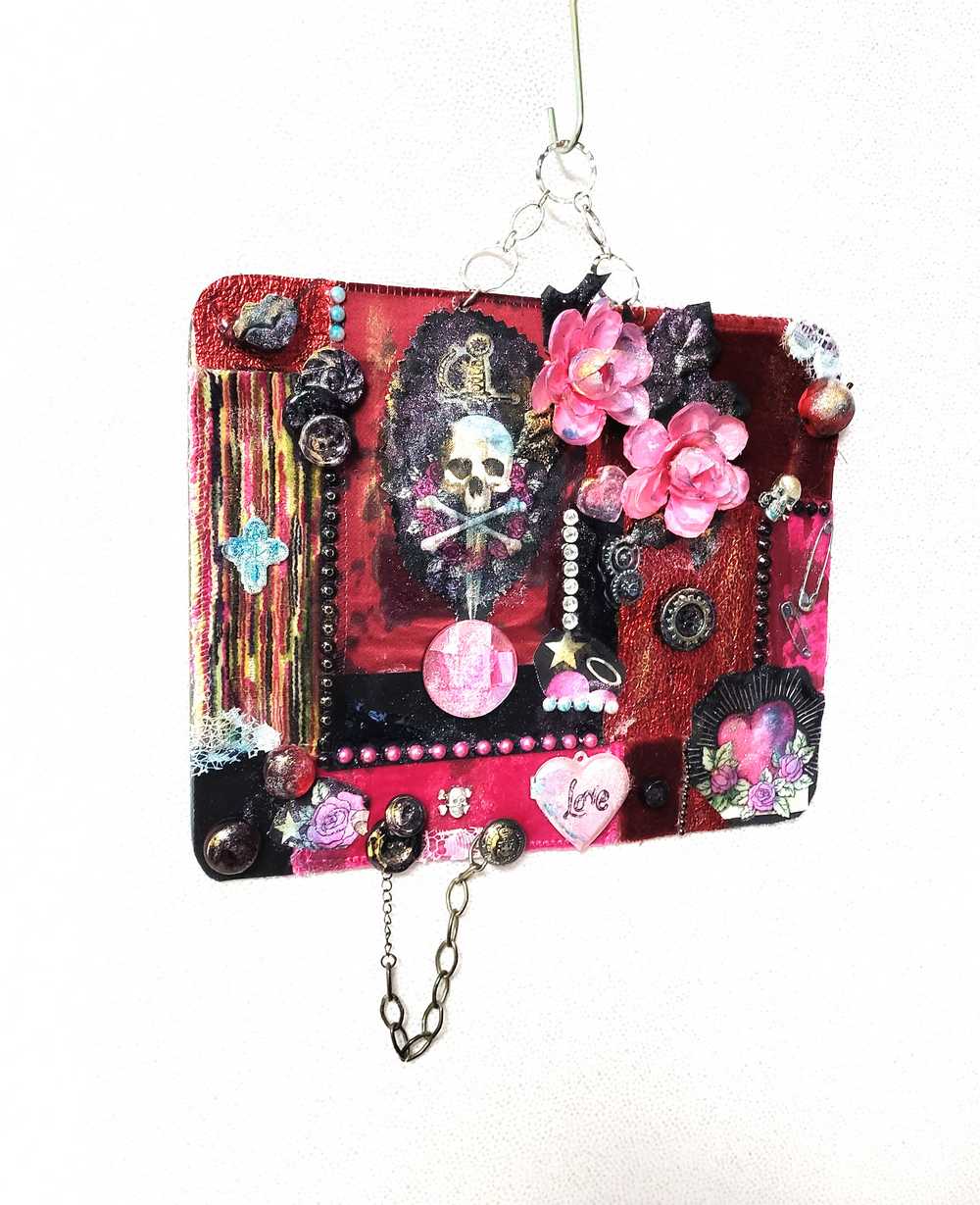 Unique, Red Velvet Skull with Pink Flowers and Picture Frame, Wall Plaque