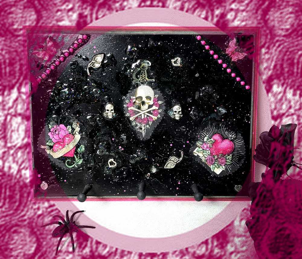 Black Goth Wall Plaque with a Skull with a Sword, Glass and Pink Butterflies