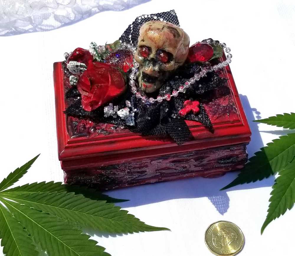 Small Red and Black Jewelry Box with a Skull and a Red Rose