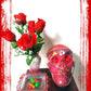 Red Skull and Roses in Resin in a Vintage Candy Dish