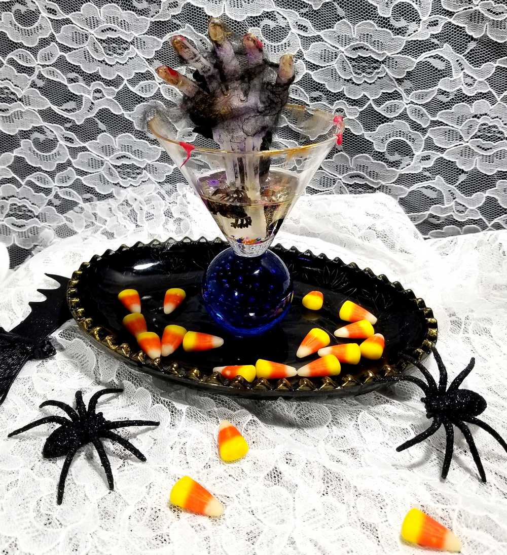 Creepy, Ghostly, Candy Dish, with Skeleton Hand in Resin, Blue Glass