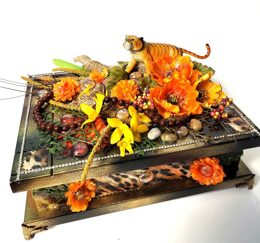 Jewelry Box with Orange & Yellow Flowers and a Tiger, Safari Themed