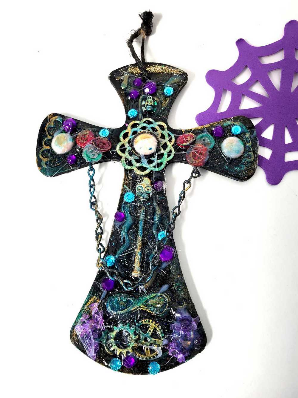 Wooden Cross with Chains, Buttons, Rhinestones, Gears and Skulls