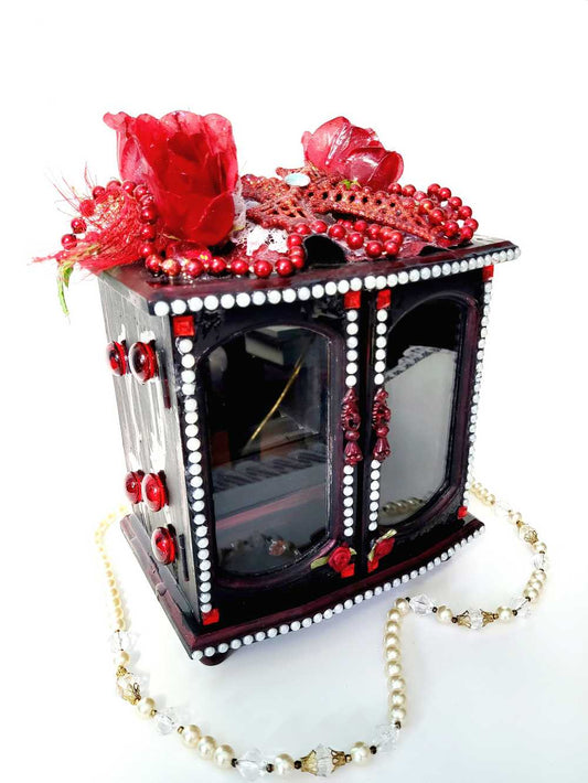 Black and Red Ladies Jewelry Box with 3 Red Roses, White Shimmering Lace and a Red Cross