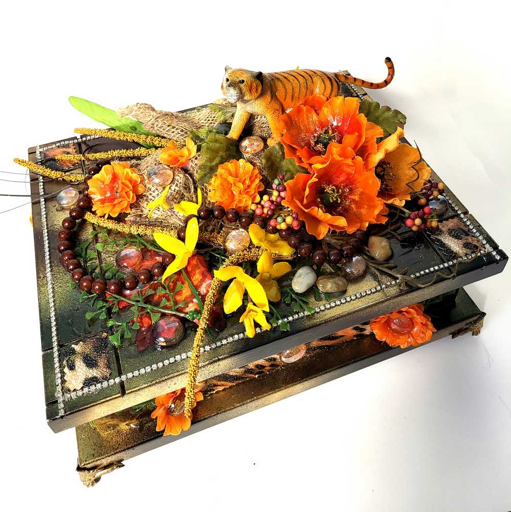 Jewelry Box with Orange & Yellow Flowers and a Tiger, Safari Themed