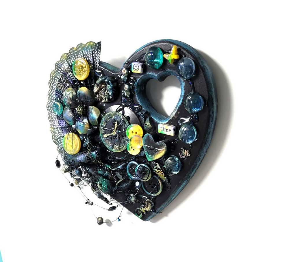 Wall Decor Wooden Heart Plaque with Teal, Yellow and Black, Punk Design