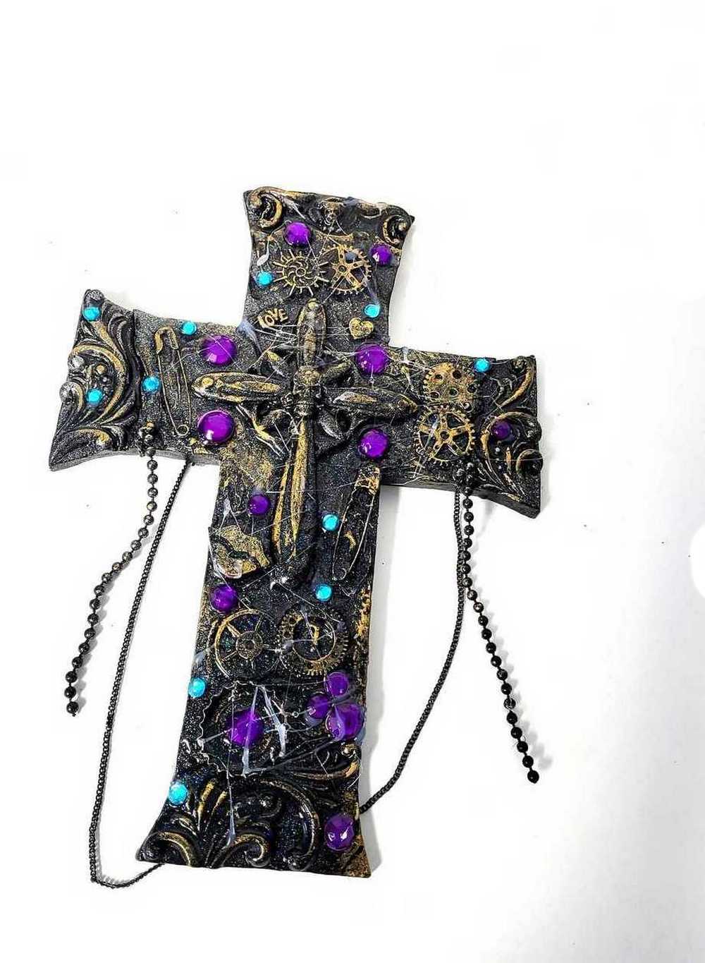 Black Cross With Skulls and Gears in Purple and Teal Rhinestones