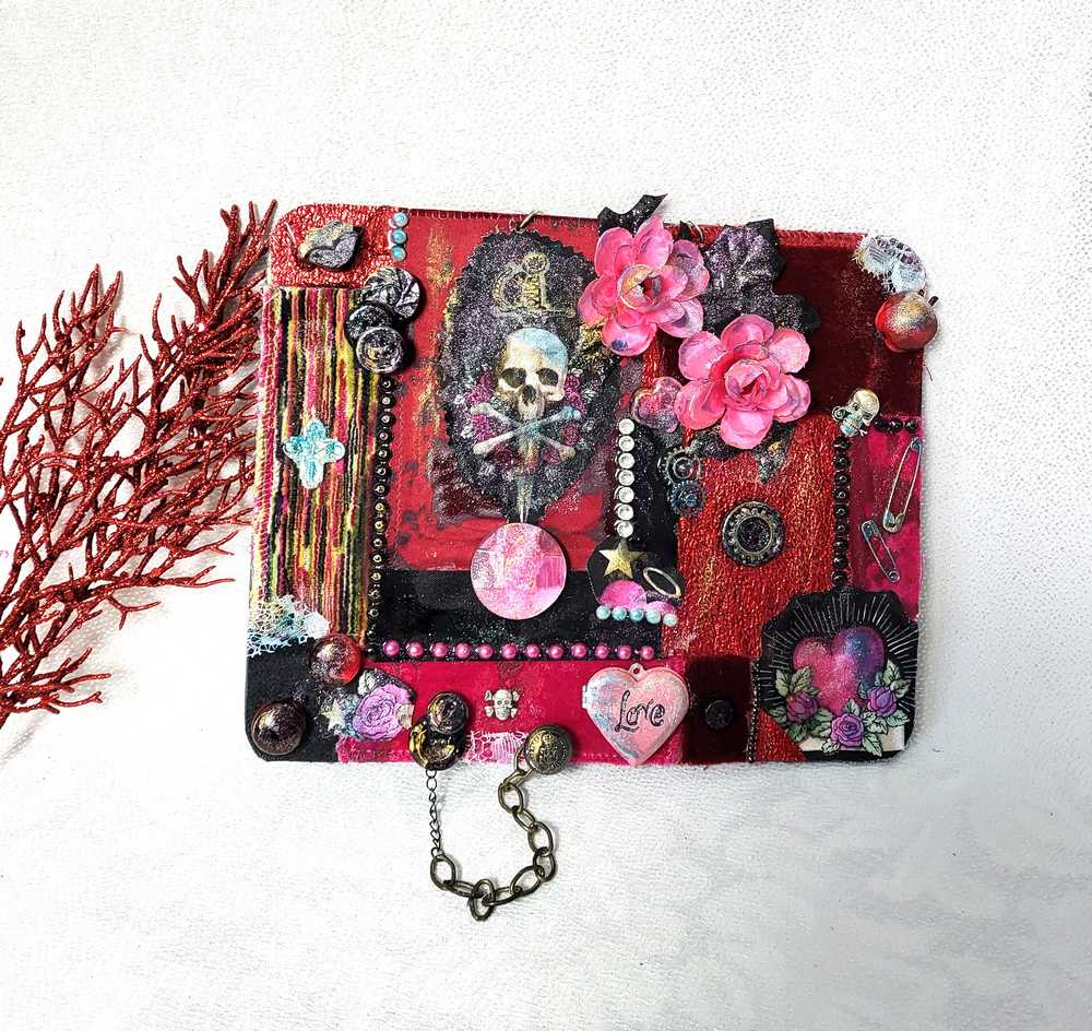 Unique, Red Velvet Skull with Pink Flowers and Picture Frame, Wall Plaque