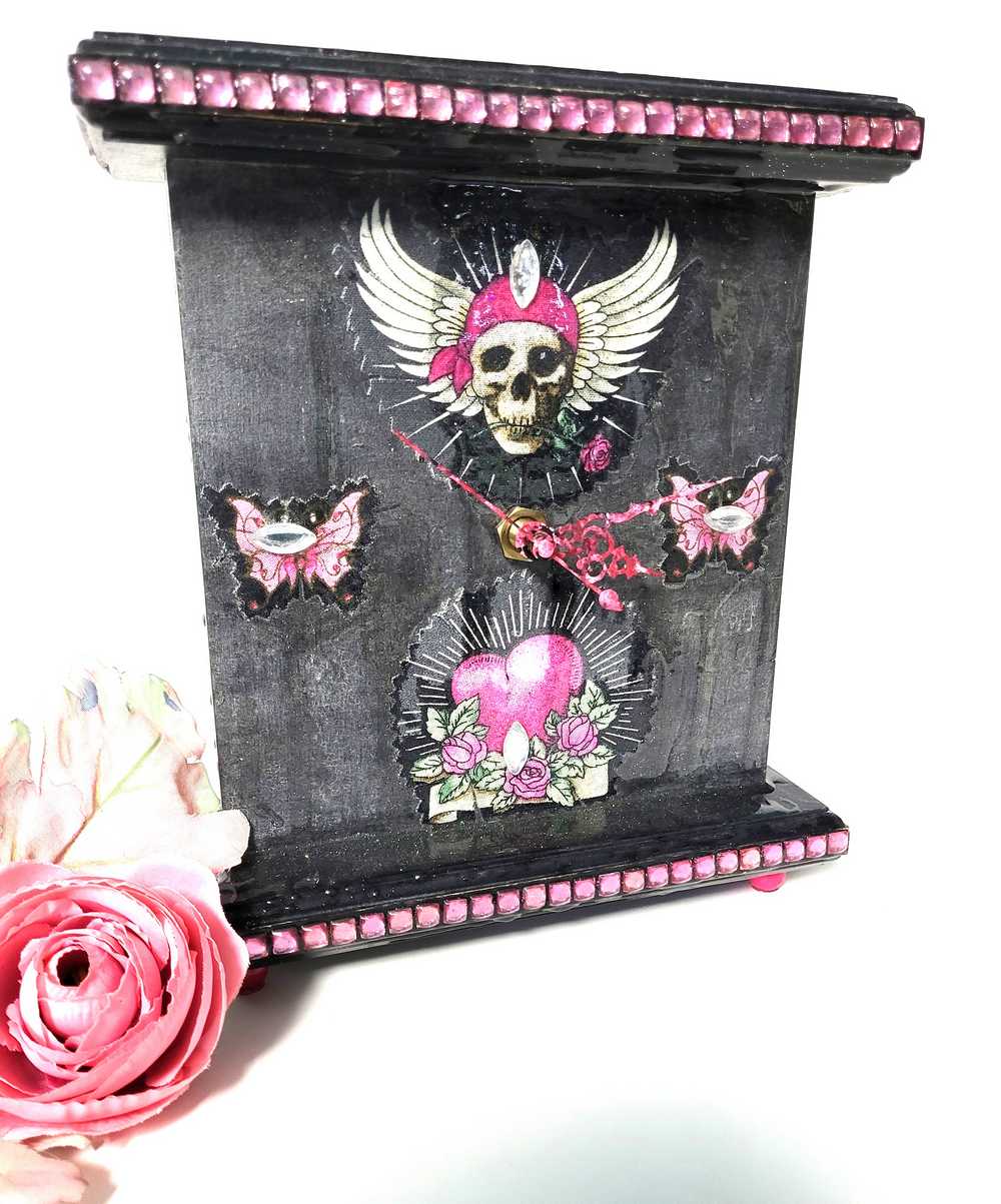 Black and Pink Mantel Clock with Fabric Skull with Wings