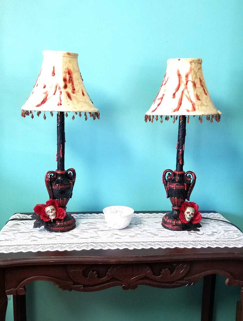 2 Lamps with Fake Blood Splattered on Lamp Shade, Skull Head in a Red Rose