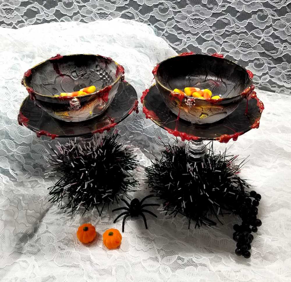 Altered Black Glass Candy Dish or Candle Holder with Fake Blood