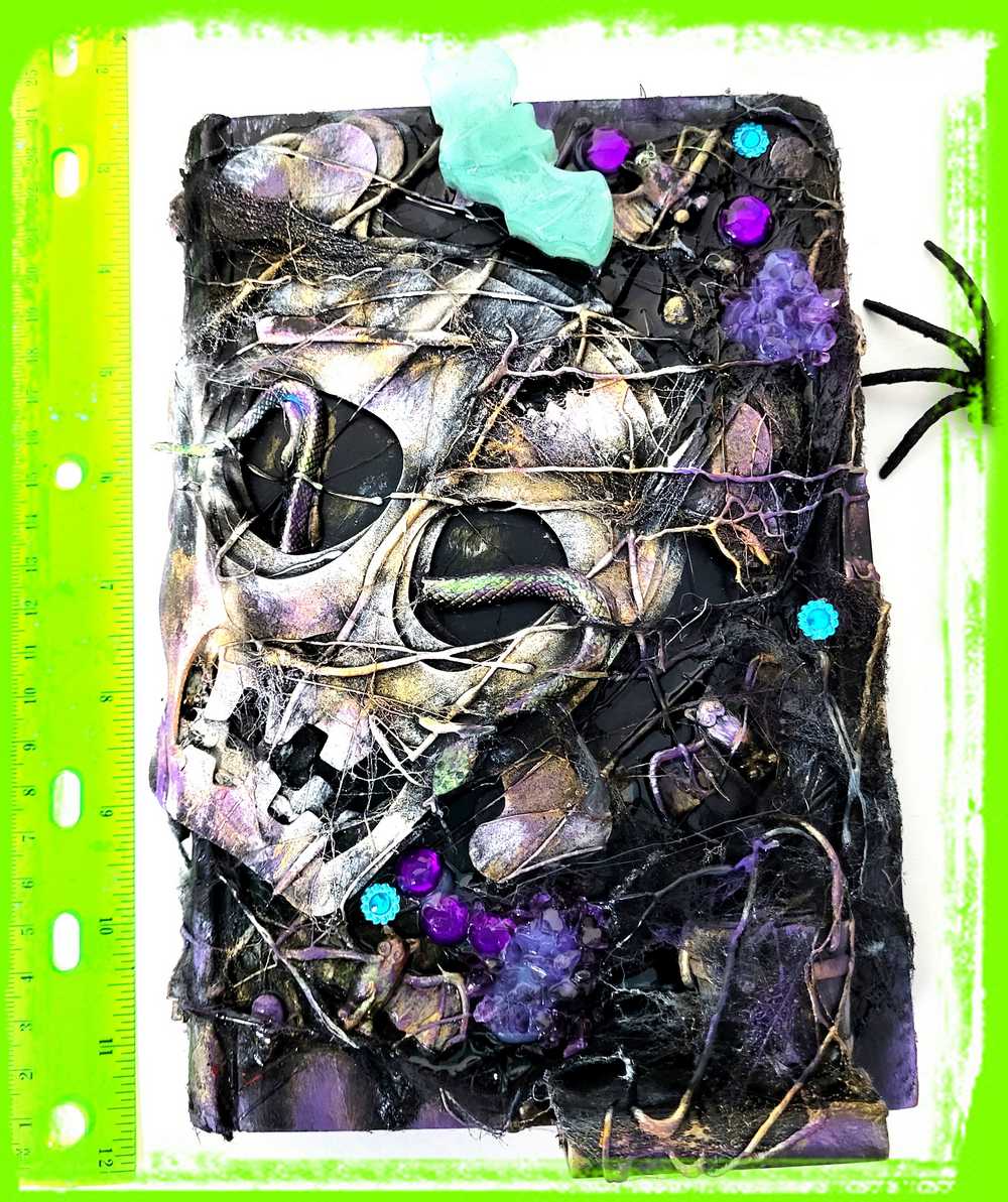 Recycled, Altered Creepy Spell Book with Skull and Snake