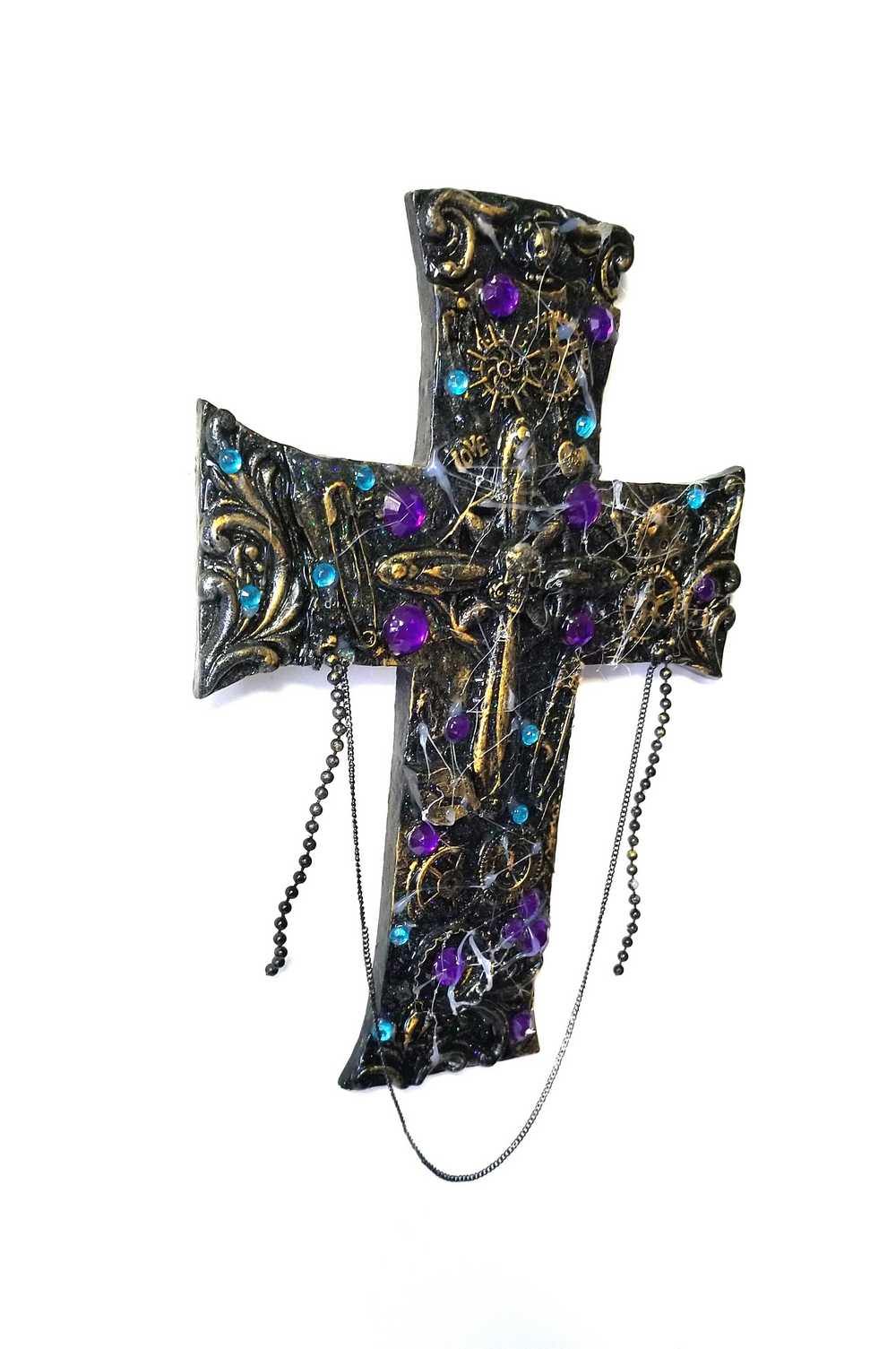 Black Cross With Skulls and Gears in Purple and Teal Rhinestones