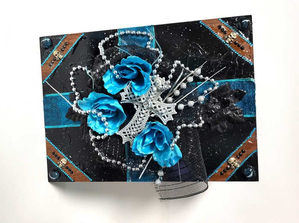 Black and Teal Jewelry Box with  3D Teal Roses, a White Cross and Skull Charms